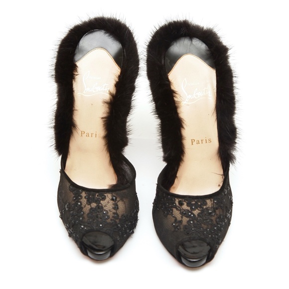 CHRISTIAN LOUBOUTIN Black Mule NUTRIA 120 Fur Crystals Lace Netting Leather 38.5 - Picture 5 of 10